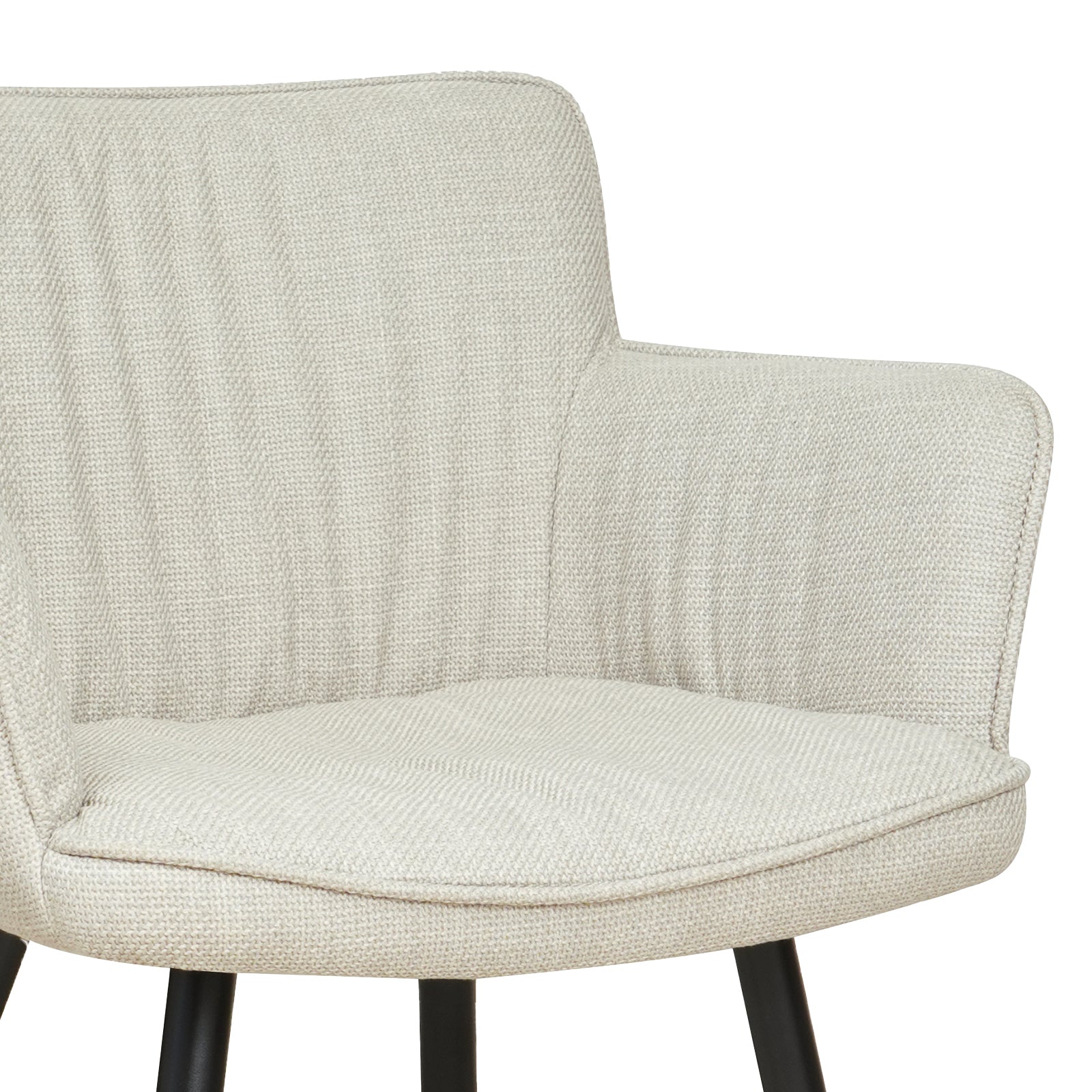 Anthony Linen Dining Chair with Arms Set of 2 in Beige features cream upholstered armchairs with curved backrests, integrated armrests, and slender black metal legs, offering modern elegance and full-body support.