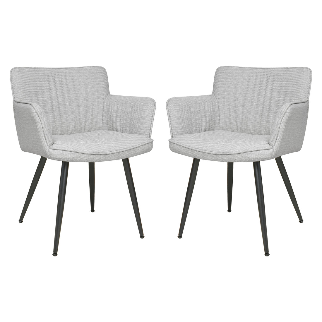 Two Anthony Linen Dining Chairs with Arms in Light Grey, featuring lightly textured upholstery, sculpted backrests, high armrests, and slender black metal legs, offering a modern and elegant dining solution.