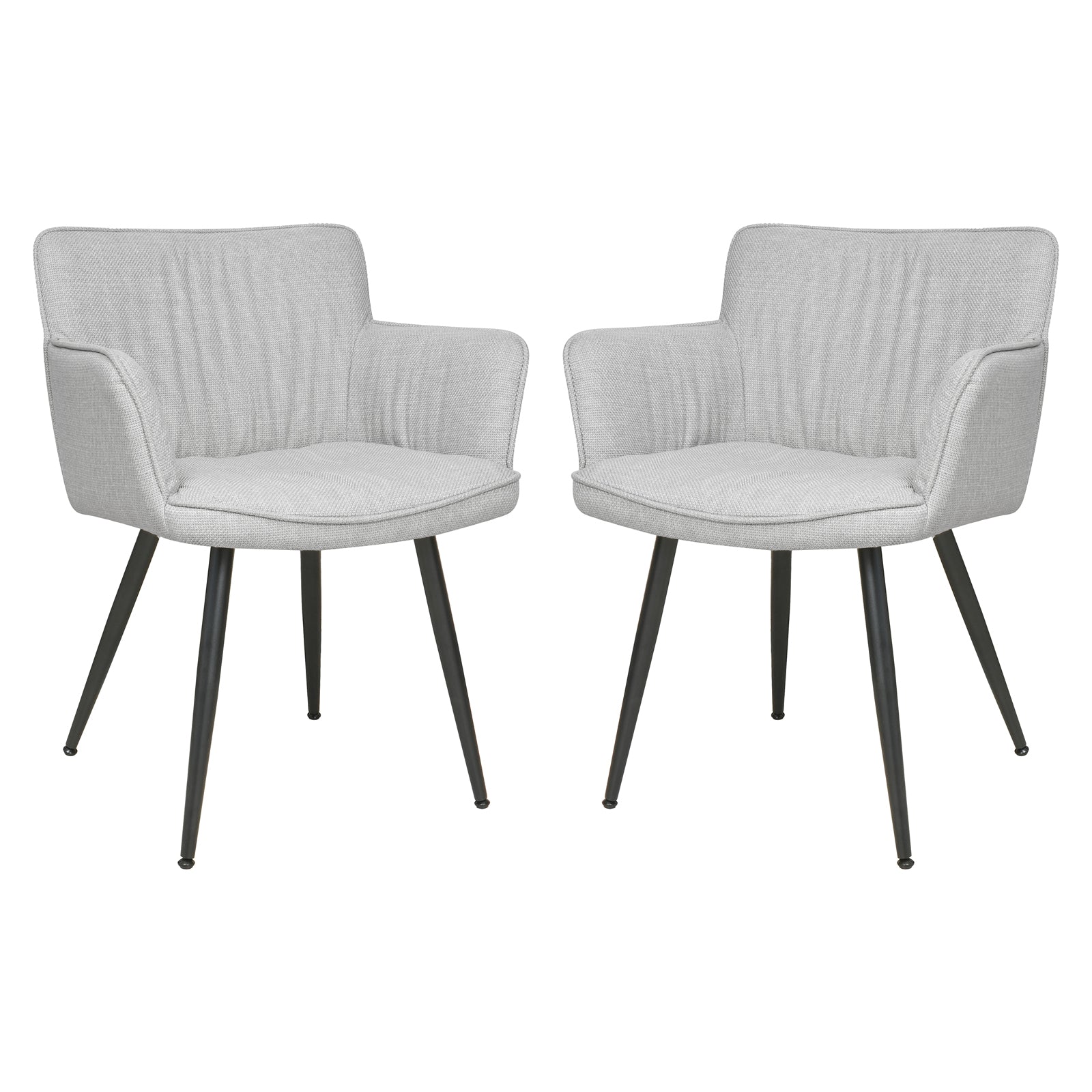 Two Anthony Linen Dining Chairs with Arms in Light Grey, featuring lightly textured upholstery, sculpted backrests, high armrests, and slender black metal legs, offering a modern and elegant dining solution.