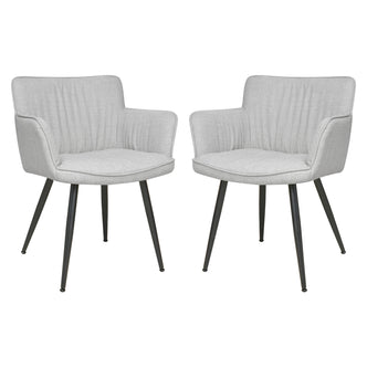 Two Anthony Linen Dining Chairs with Arms in Light Grey, featuring lightly textured upholstery, sculpted backrests, high armrests, and slender black metal legs, offering a modern and elegant dining solution.