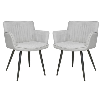 Two Anthony Linen Dining Chairs with Arms in Light Grey, featuring lightly textured upholstery, sculpted backrests, high armrests, and slender black metal legs, offering a modern and elegant dining solution.