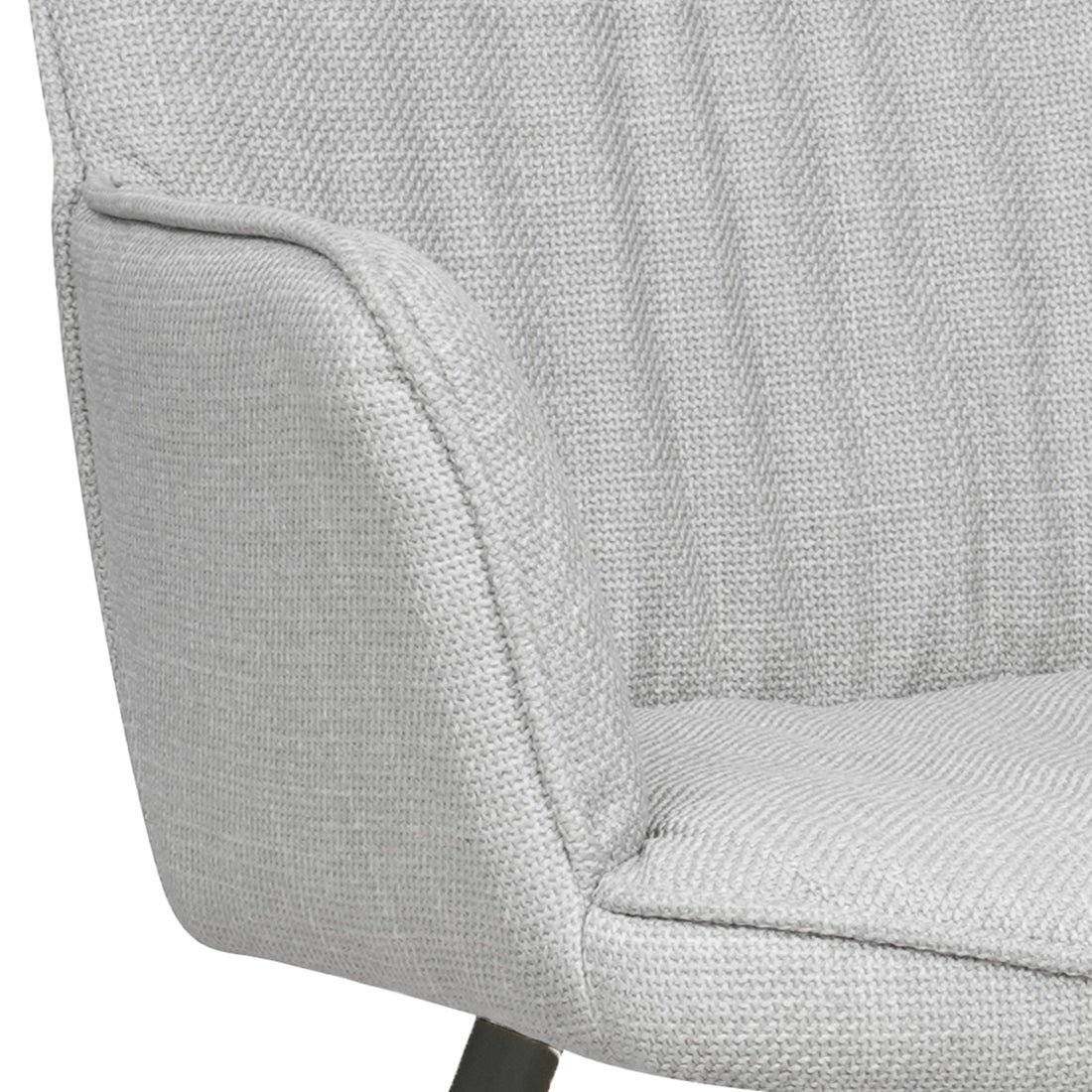 Close-up of Anthony Linen Dining Chair with Arms Set of 2 in Light Grey, highlighting the padded armrest, rounded seat cushion, and subtle woven texture, emphasizing comfort and modern design.