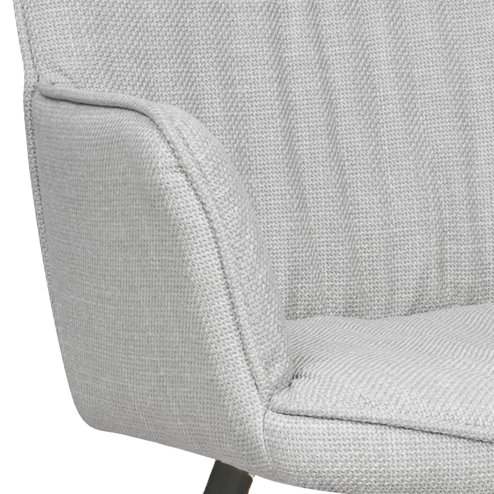 Close-up of Anthony Linen Dining Chair with Arms Set of 2 in Light Grey, highlighting the padded armrest, rounded seat cushion, and subtle woven texture, emphasizing comfort and modern design.