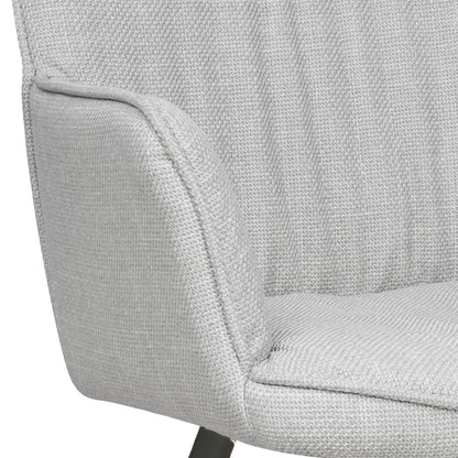 Close-up of Anthony Linen Dining Chair with Arms Set of 2 in Light Grey, highlighting the padded armrest, rounded seat cushion, and subtle woven texture, emphasizing comfort and modern design.