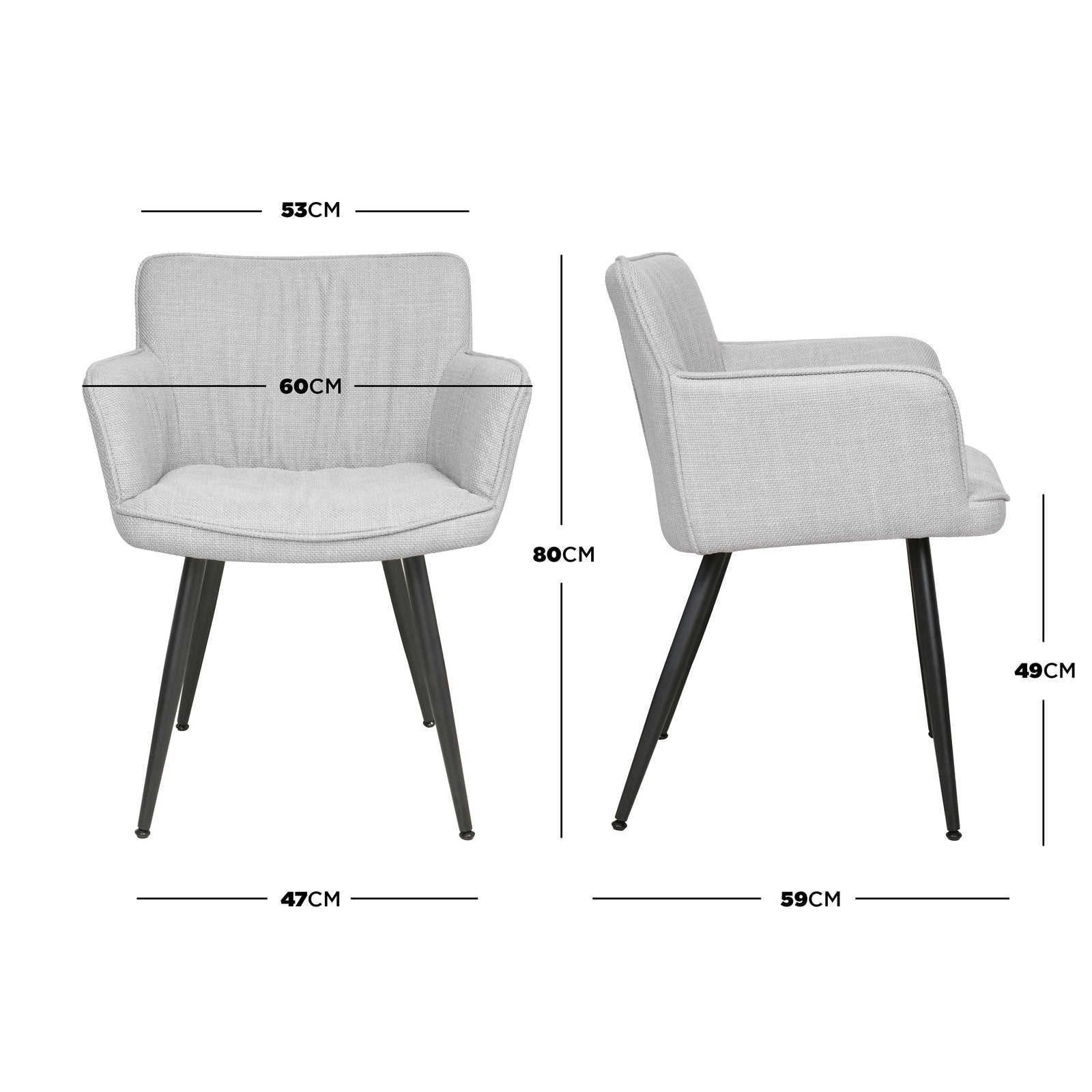 Anthony Linen Dining Chair with Arms Set of 2 in Light Grey, showcasing a cushioned seat, flared armrests, and black metal legs. Dimensions: 53cm backrest width, 60cm seat width, 80cm height.