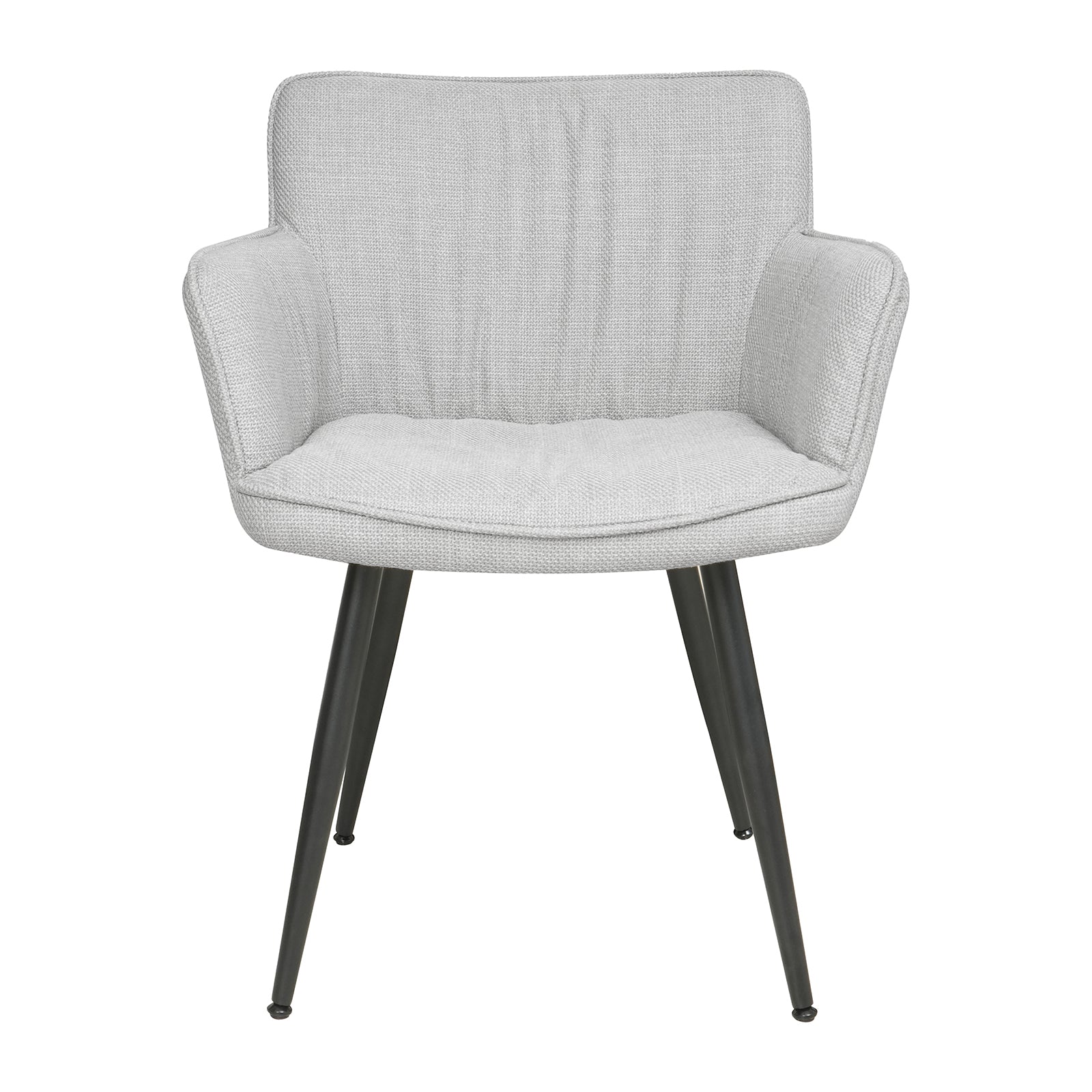 Anthony Linen Dining Chair with Arms Set of 2 in Light Grey features a modern upholstered design with softly padded seats, sculpted backrests, high armrests, and sleek black metal legs for elegant dining.