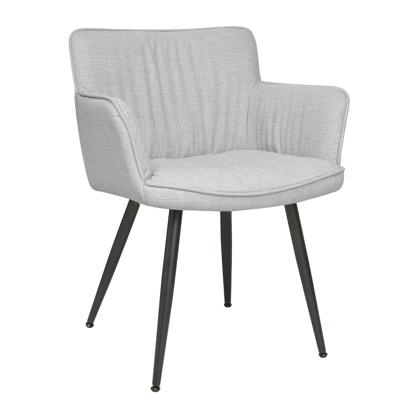 Anthony Linen Dining Chair with Arms Set of 2 in Light Grey, featuring upholstered light-gray fabric with channel stitching, flared armrests, and tapered black metal legs, embodies modern elegance and comfort.