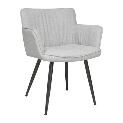 Anthony Linen Dining Chair with Arms Set of 2 in Light Grey, featuring upholstered light-gray fabric with channel stitching, flared armrests, and tapered black metal legs, embodies modern elegance and comfort.