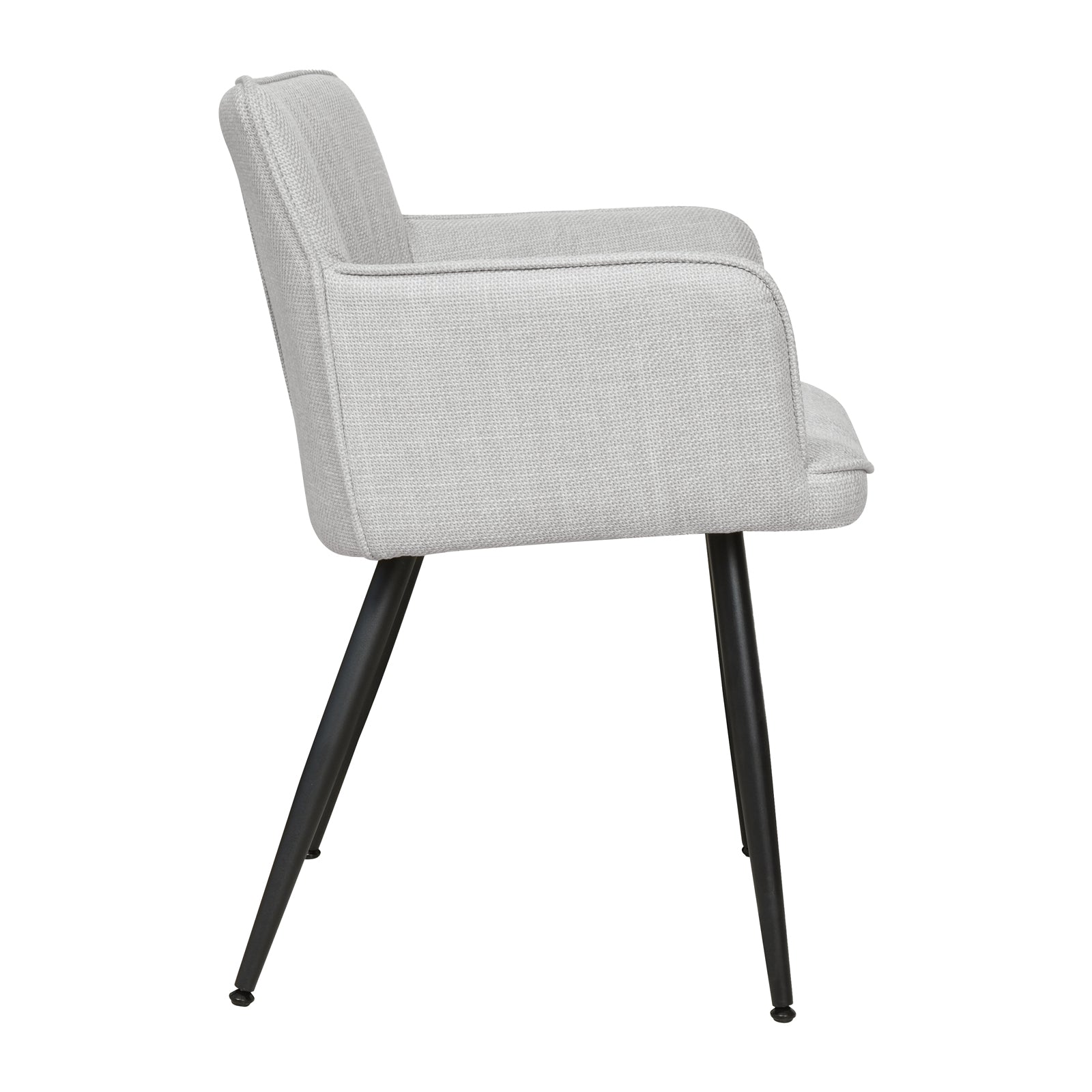 Anthony Linen Dining Chair with Arms Set of 2 in Light Grey, featuring a modern upholstered profile with light gray fabric, low armrests, contoured back, and slender black metal legs, ideal for stylish dining.