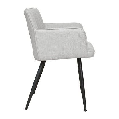 Anthony Linen Dining Chair with Arms Set of 2 in Light Grey, featuring a modern upholstered profile with light gray fabric, low armrests, contoured back, and slender black metal legs, ideal for stylish dining.