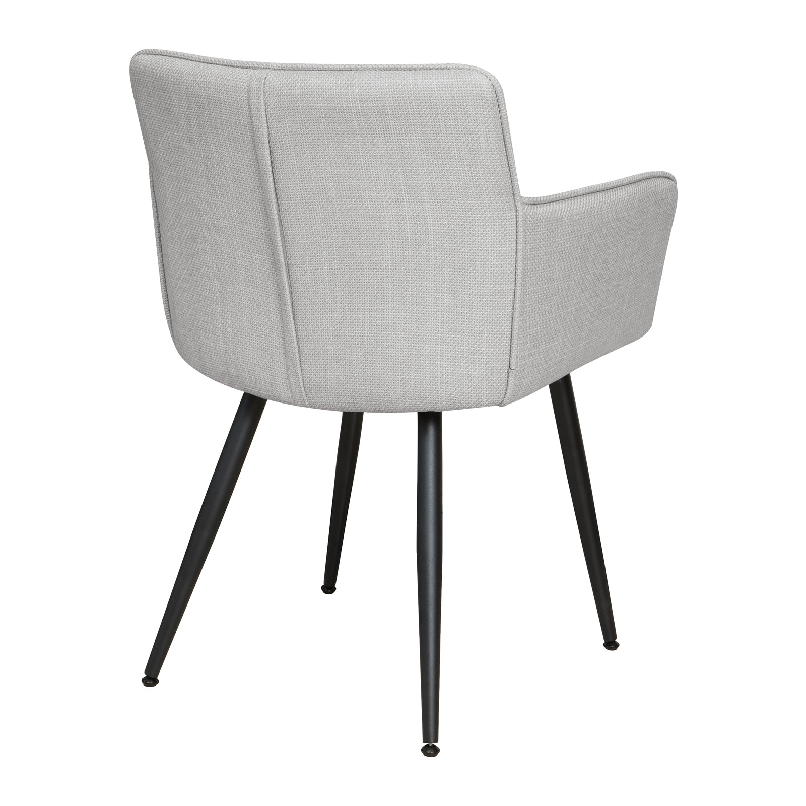 Anthony Linen Dining Chair with Arms Set of 2 in Light Grey, featuring a modern bucket-shaped seat with light-gray woven fabric and black-finished metal legs, perfect for minimalist interiors.