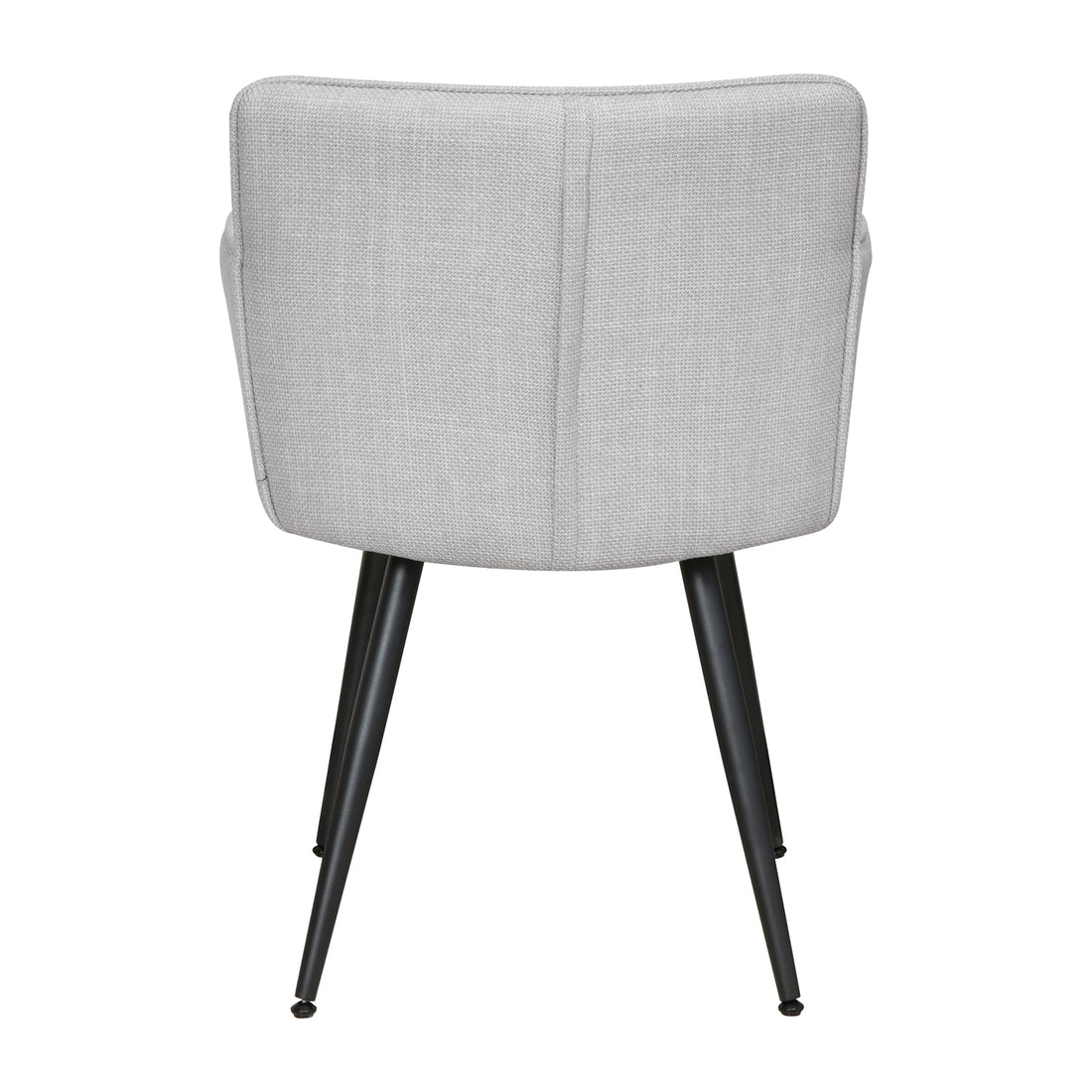 Anthony Linen Dining Chair with Arms Set of 2 in Light Grey features a mid-century-inspired design with a light-gray upholstered tub-style backrest, subtle vertical seams, and slender black metal legs.