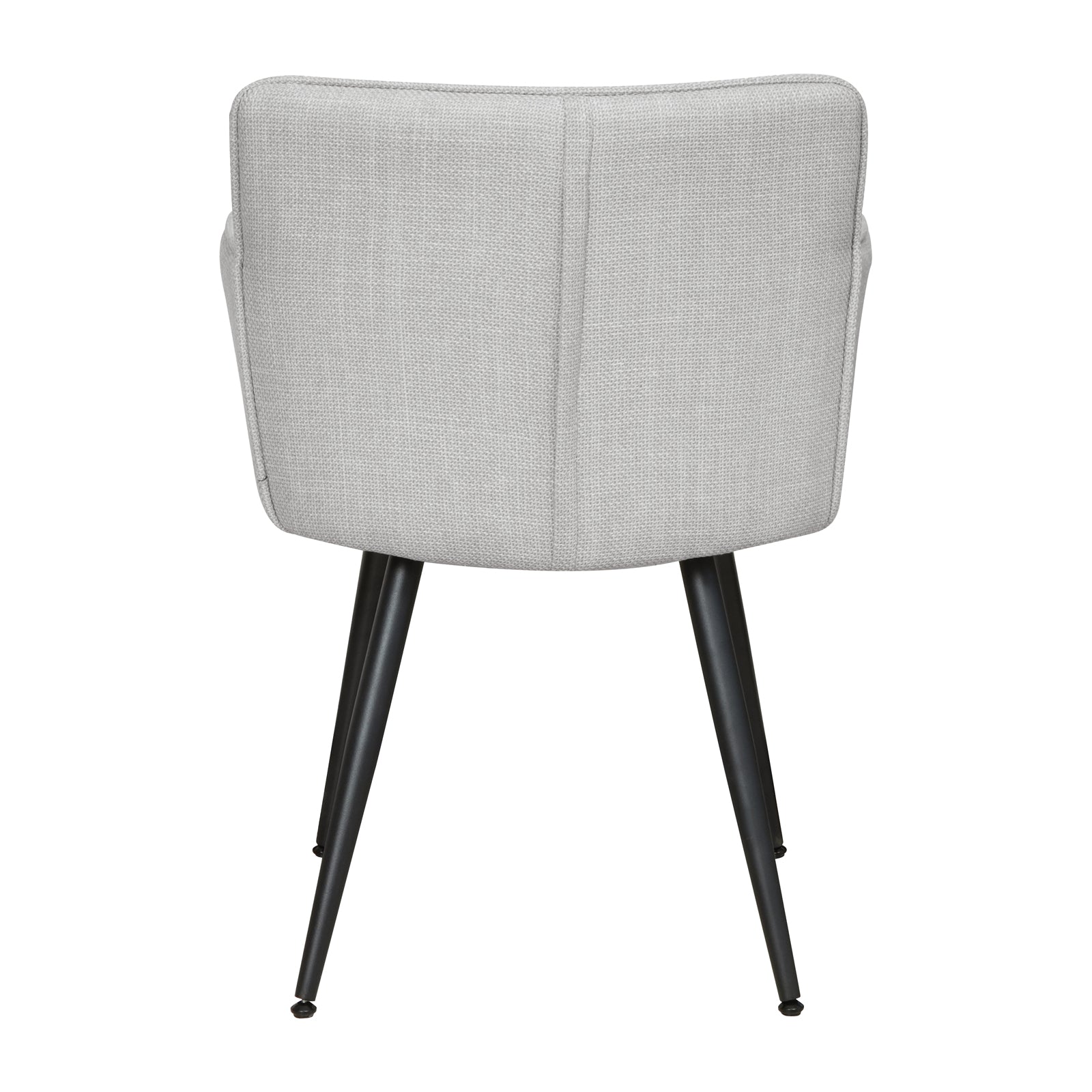 Anthony Linen Dining Chair with Arms Set of 2 in Light Grey features a mid-century-inspired design with a light-gray upholstered tub-style backrest, subtle vertical seams, and slender black metal legs.
