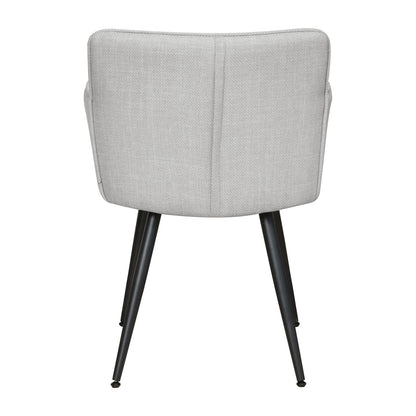 Anthony Linen Dining Chair with Arms Set of 2 in Light Grey features a mid-century-inspired design with a light-gray upholstered tub-style backrest, subtle vertical seams, and slender black metal legs.