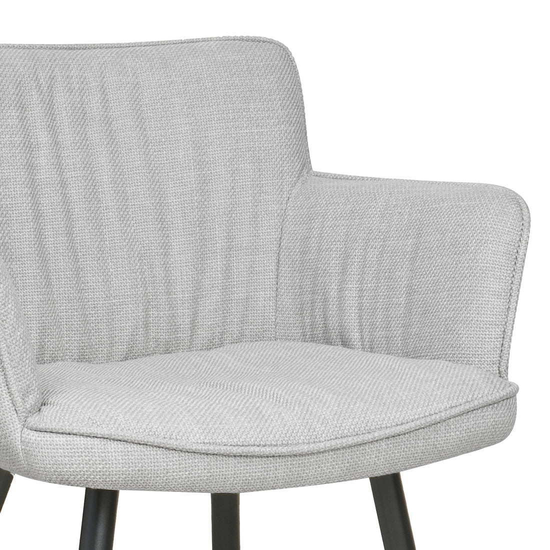 Anthony Linen Dining Chair with Arms Set of 2 in Light Grey, showcasing a light-gray, textured-fabric seat, part of the backrest, armrests, and two dark-colored metal legs.