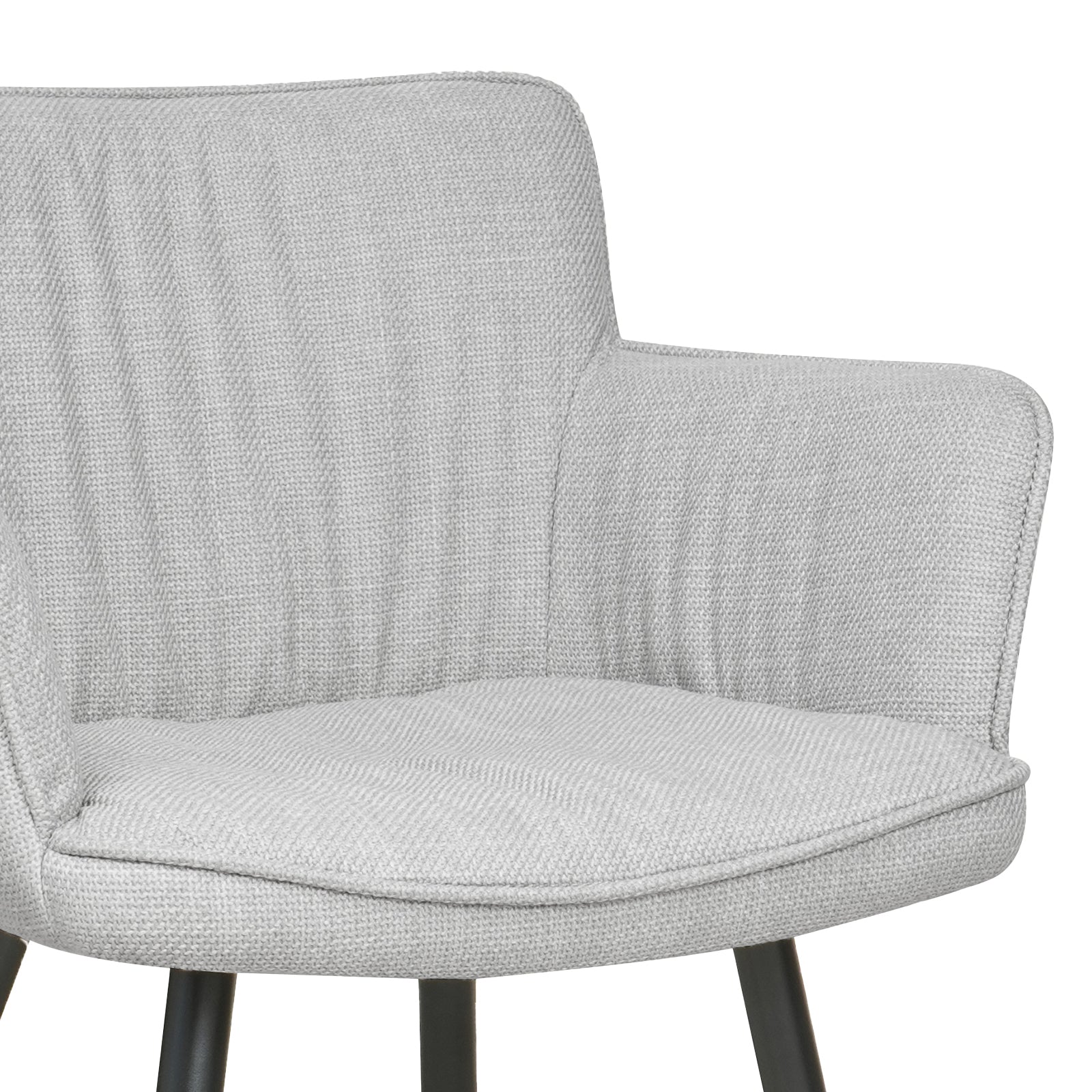 Anthony Linen Dining Chair with Arms Set of 2 in Light Grey, showcasing a light-gray, textured-fabric seat, part of the backrest, armrests, and two dark-colored metal legs.