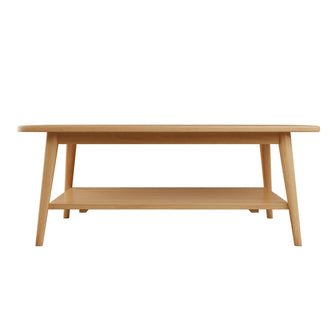 Asher 120cm American Oak Coffee Table Natural, featuring a minimalist design with a rectangular light-toned wood top, tapered legs, and a full-length lower shelf for added functionality.