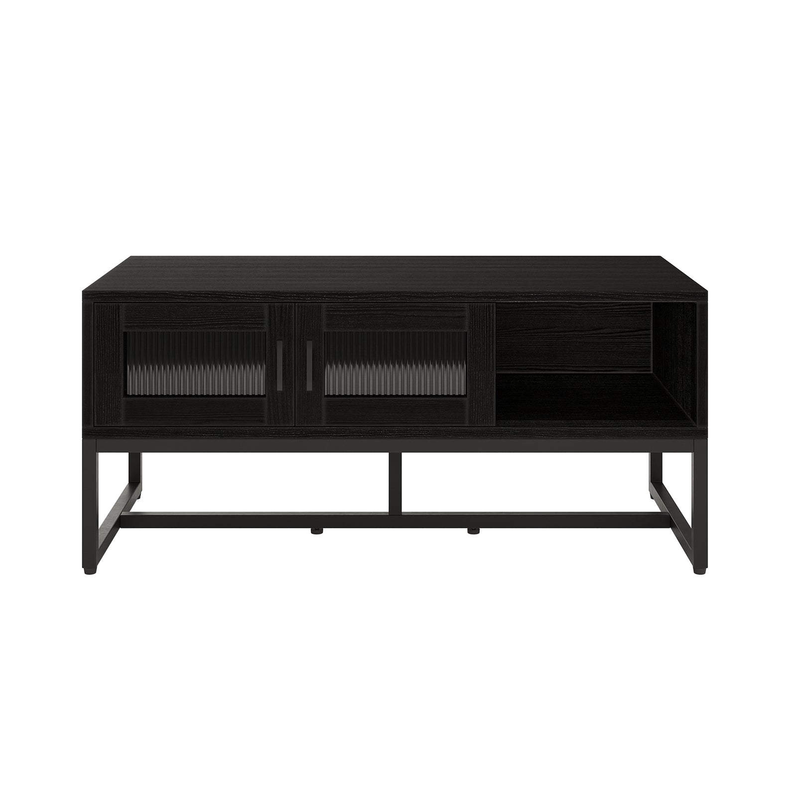 Ashley Coffee Table with Fluted Glass Door in Black features a matte black finish, vertical ribbed panels, and an open cubby, sitting on a minimalist metal frame for a modern-industrial look.