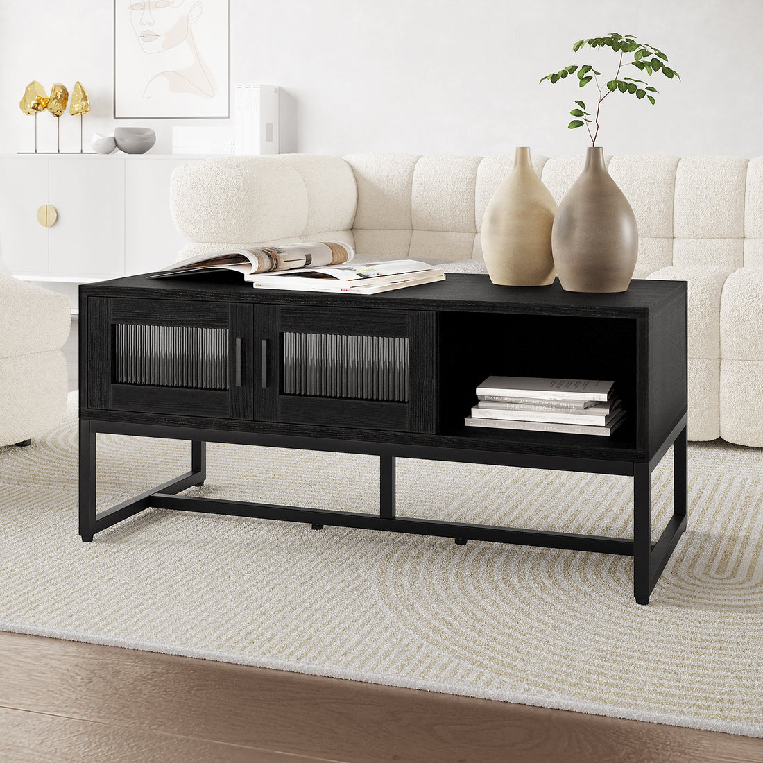 Ashley Coffee Table with Fluted Glass Door - Black, featuring a sleek design with a fluted glass door, providing hidden storage and a spacious top for decor, enhancing modern interiors.