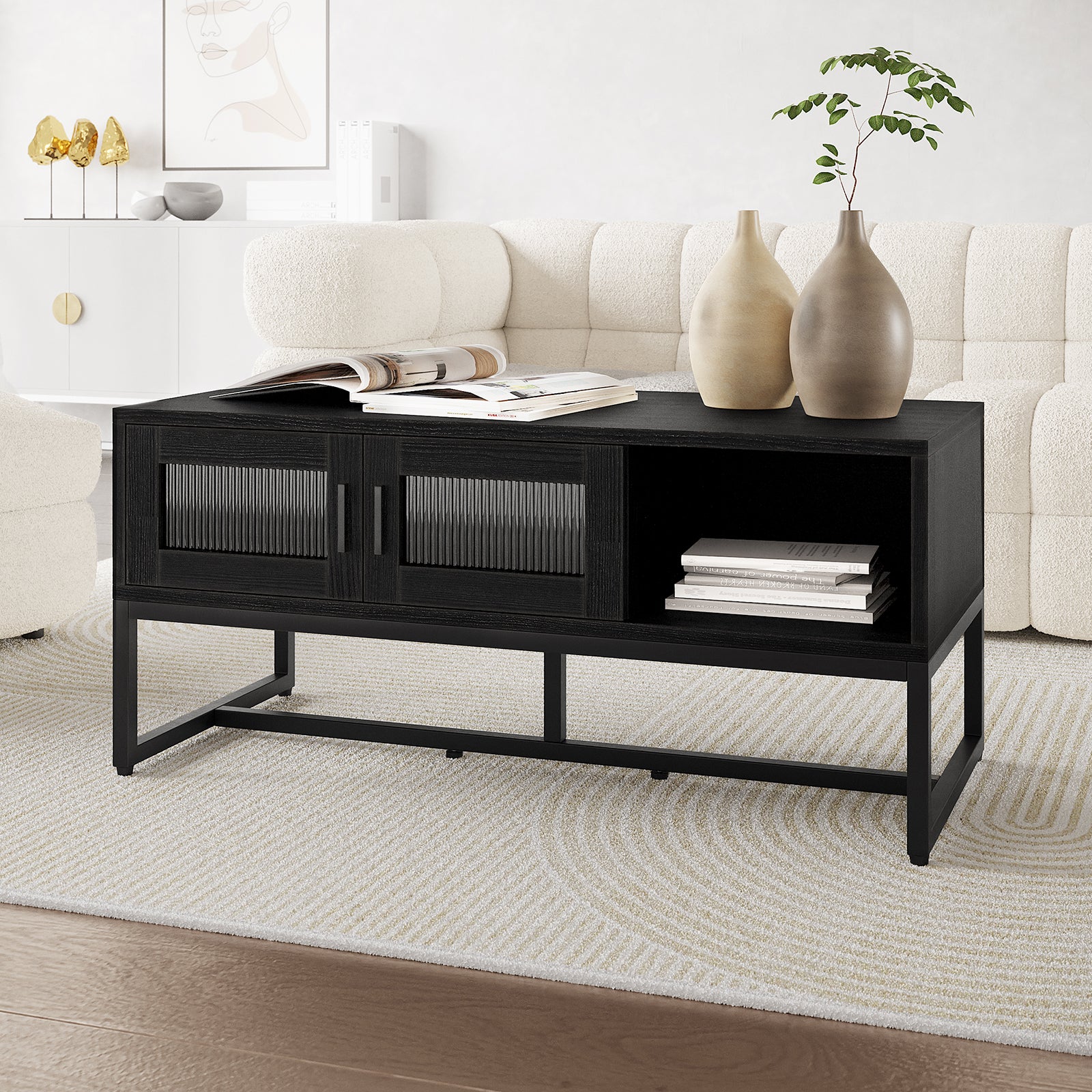 Ashley Coffee Table with Fluted Glass Door - Black, featuring a sleek design with a fluted glass door, providing hidden storage and a spacious top for decor, enhancing modern interiors.