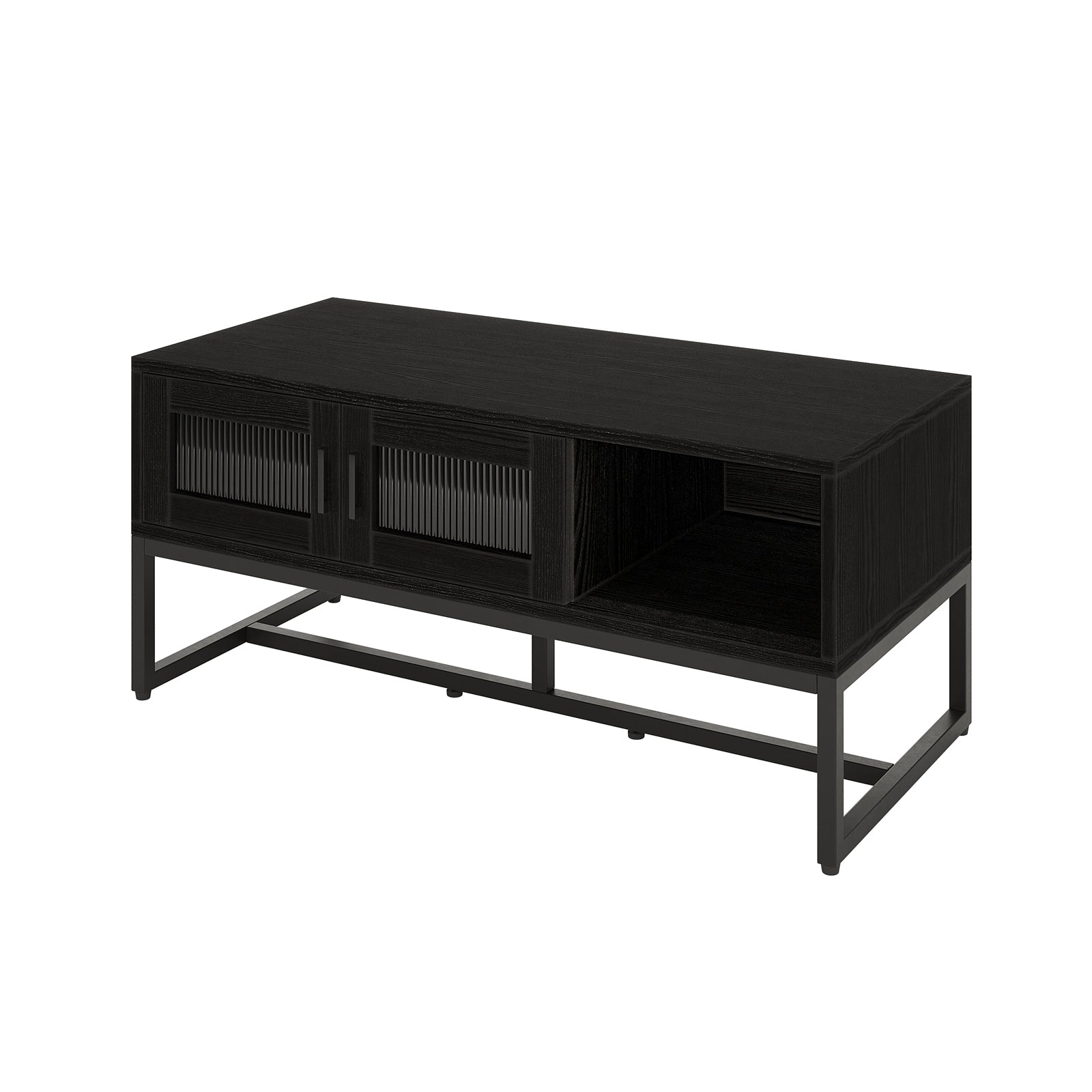 Ashley Coffee Table with Fluted Glass Door in Black features a sleek black metal frame, wood-grain top, ribbed glass sliding doors, and an open shelf, offering a modern, functional design.