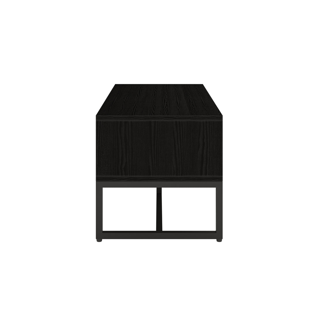 Ashley Coffee Table with Fluted Glass Door in Black, showcasing a sleek rectangular design with a black-wood finish, fluted glass door, and minimalist black metal base, enhancing modern living spaces.