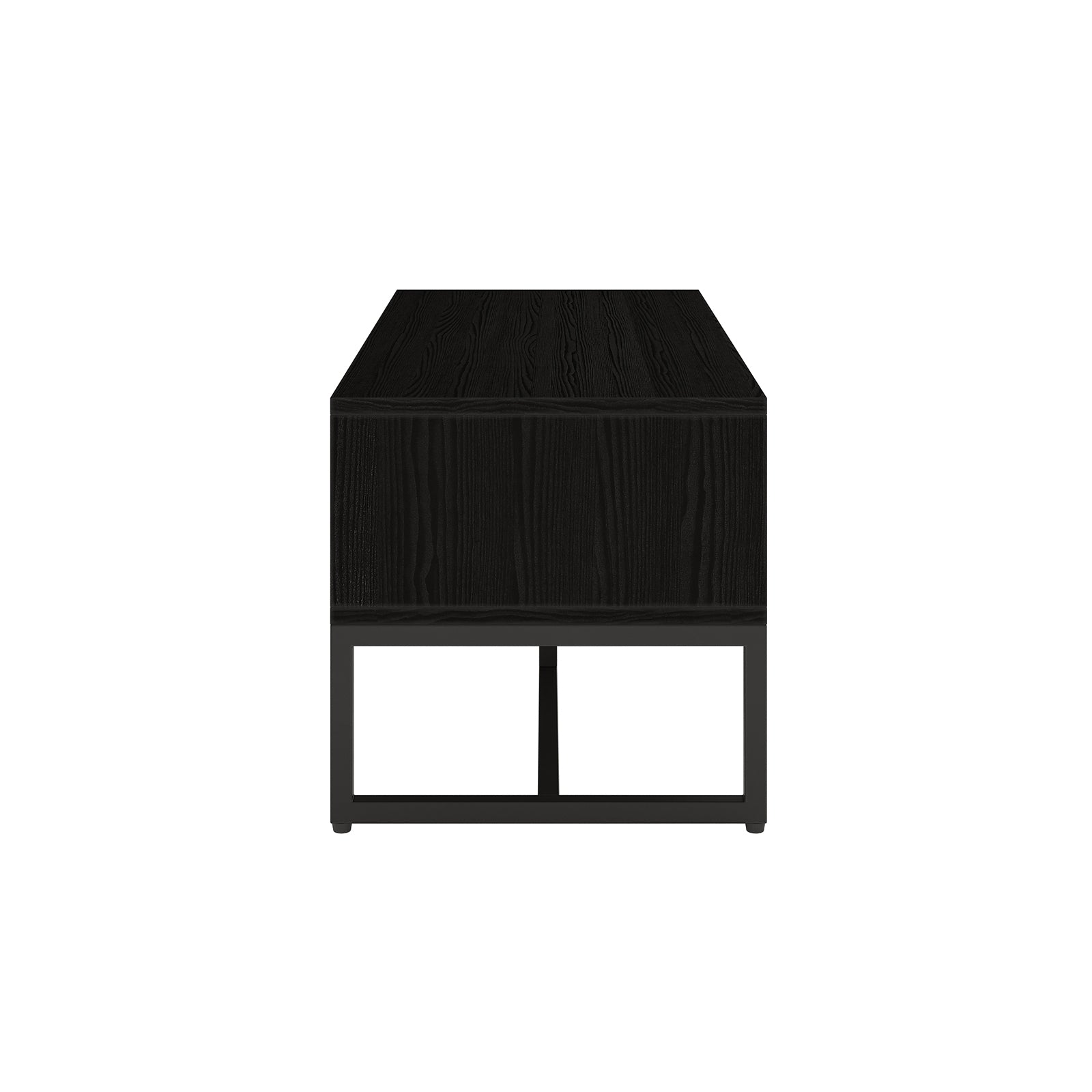 Ashley Coffee Table with Fluted Glass Door in Black, showcasing a sleek rectangular design with a black-wood finish, fluted glass door, and minimalist black metal base, enhancing modern living spaces.
