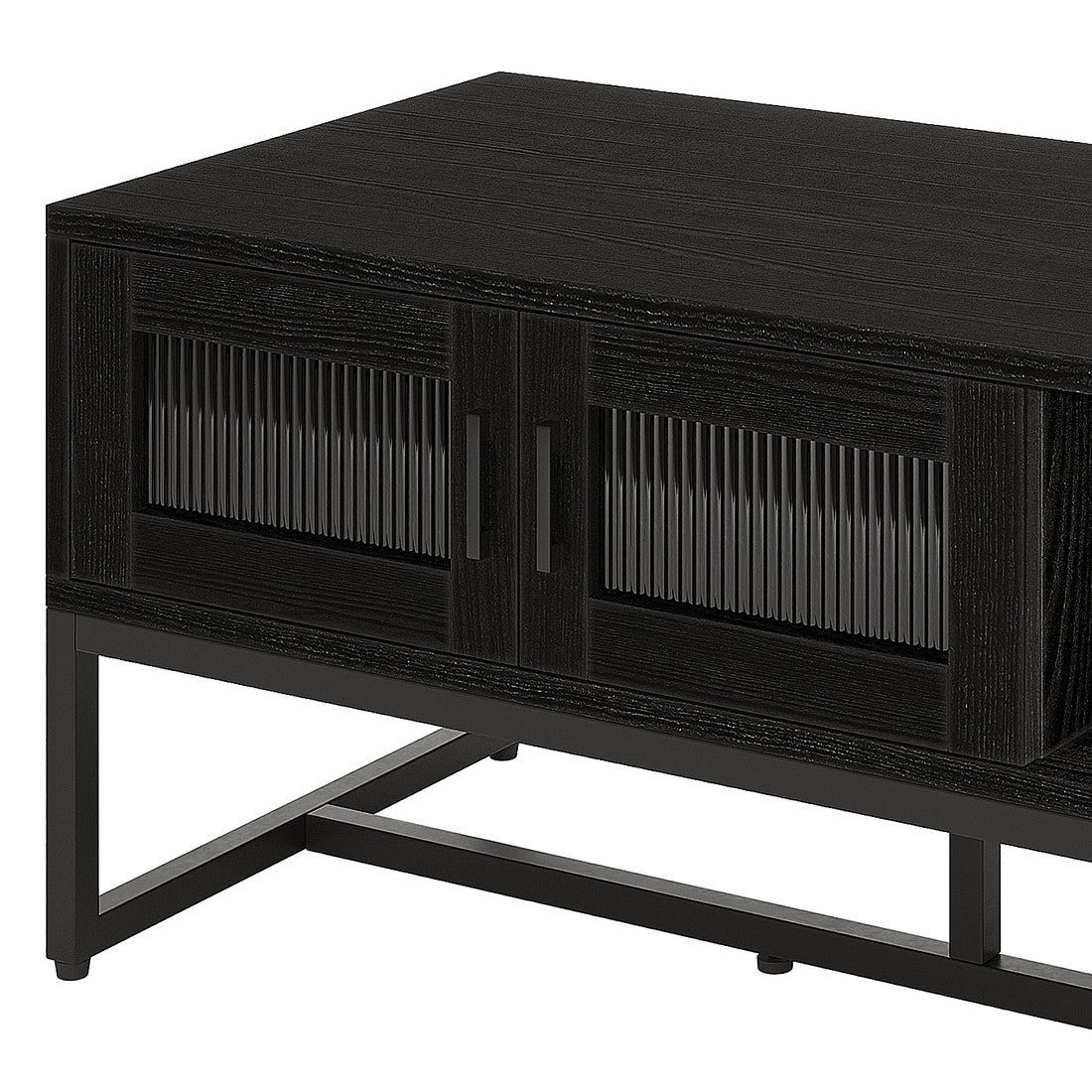 Ashley Coffee Table with Fluted Glass Door in Black, featuring a rectangular top and two cabinet doors with fluted glass panels on a minimal black metal frame, exuding a sleek, modern aesthetic.