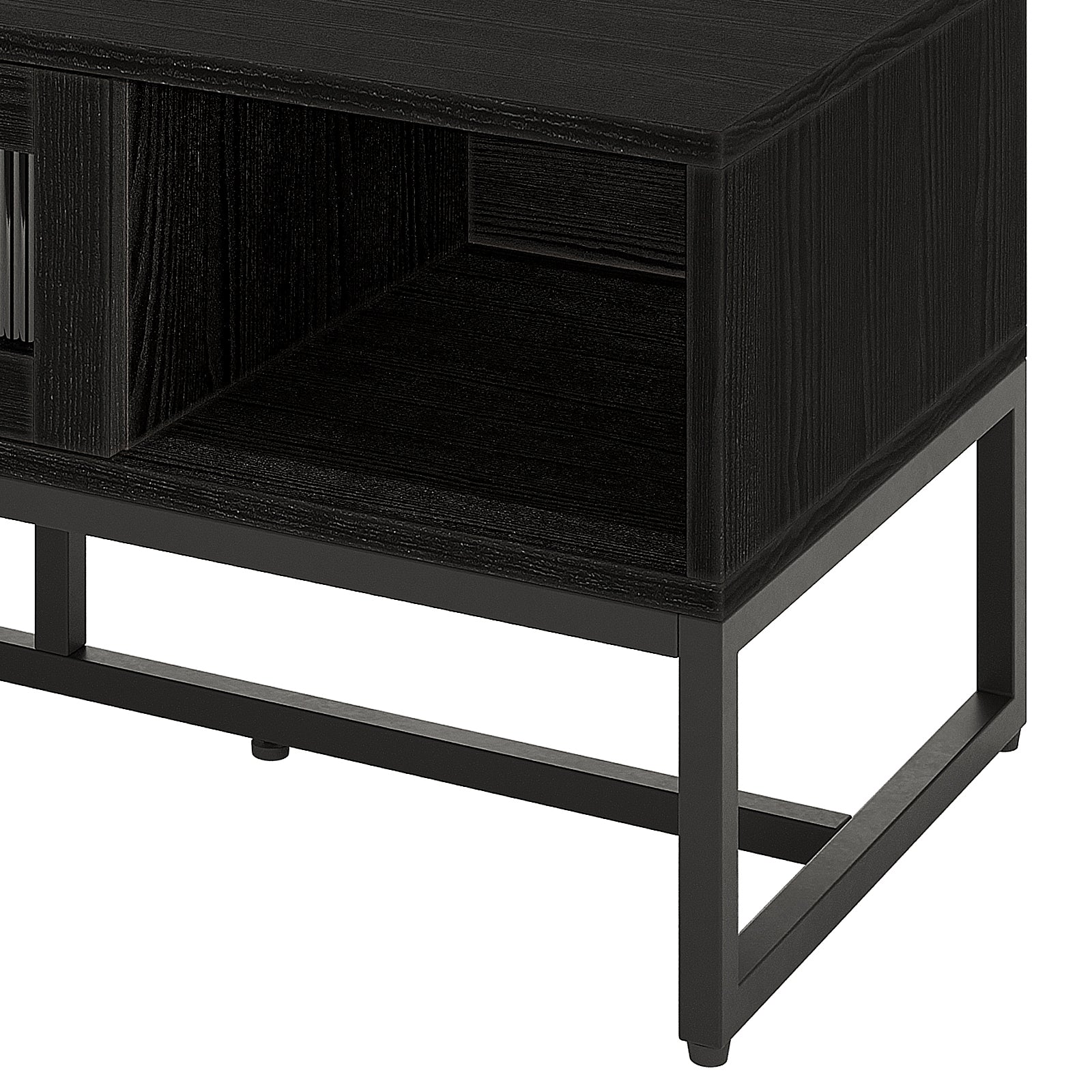 Ashley Coffee Table with Fluted Glass Door in Black, featuring a modern rectangular wood-grain top, open cubby, and sleek black metal frame, ideal for contemporary living spaces.