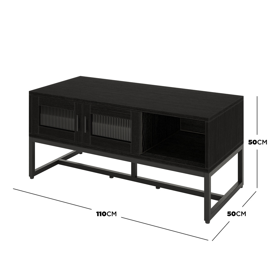 Ashley Coffee Table with Fluted Glass Door in Black, featuring two ribbed glass cabinet doors and an open shelf, all set on a sleek black metal frame, measuring 110 cm wide.