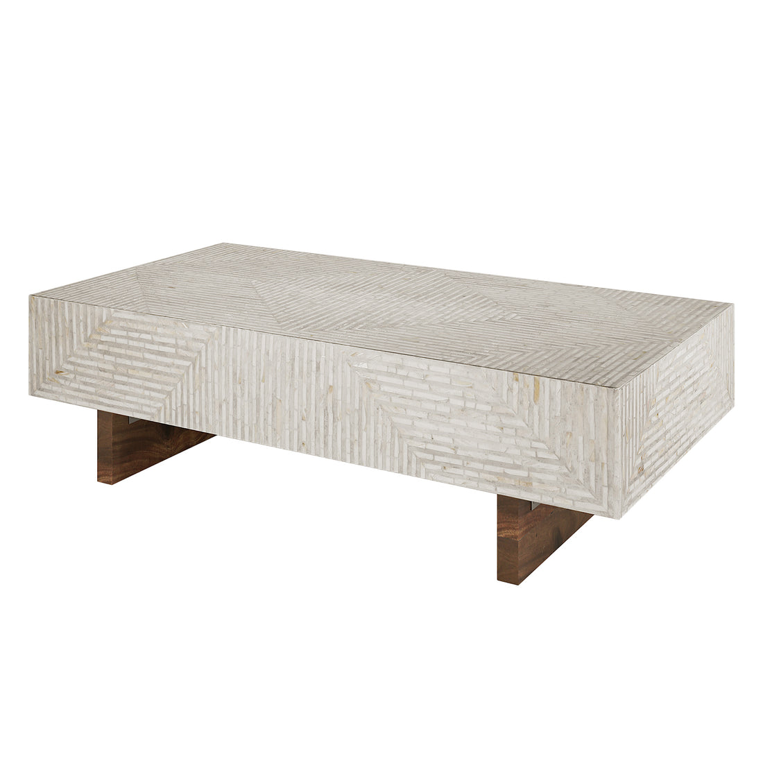 Audino Mother of Pearl Inlay Coffee Table features intricate inlay on a sturdy frame, showcasing luxury craftsmanship. Solid acacia legs add natural elegance, enhancing any modern or classic interior.