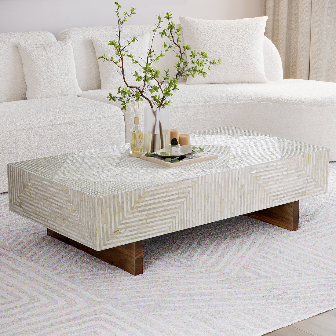 Audino Mother of Pearl Inlay Coffee Table showcasing intricate inlay design and solid acacia wood legs, highlighting luxury craftsmanship and timeless elegance suitable for modern or classic interiors.
