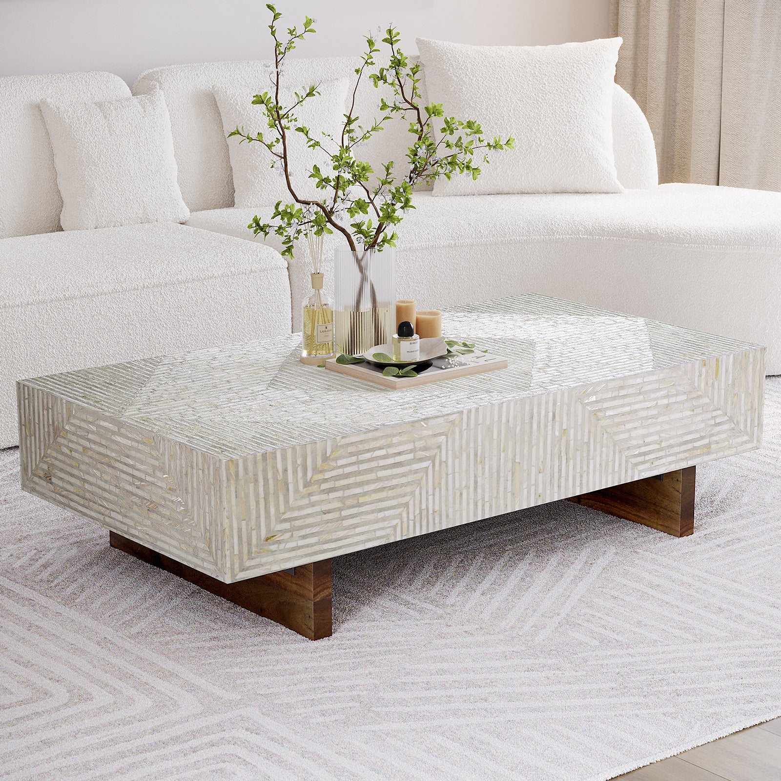Audino Mother of Pearl Inlay Coffee Table showcasing intricate inlay design and solid acacia wood legs, highlighting luxury craftsmanship and timeless elegance suitable for modern or classic interiors.