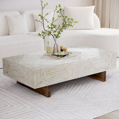 Audino Mother of Pearl Inlay Coffee Table showcasing intricate inlay design and solid acacia wood legs, highlighting luxury craftsmanship and timeless elegance suitable for modern or classic interiors.