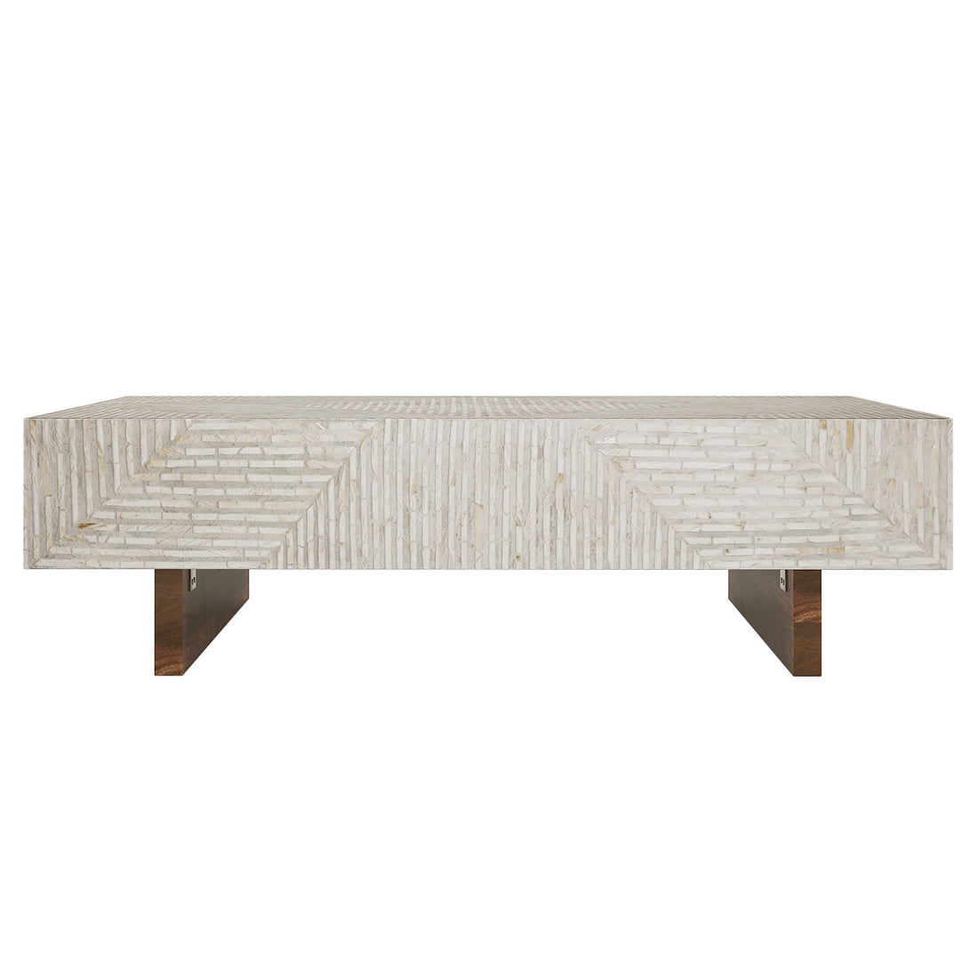 Audino Mother of Pearl Inlay Coffee Table in Ivory & Grey features a textured white herringbone top and dark wooden panel legs, showcasing luxury craftsmanship with a geometric design.