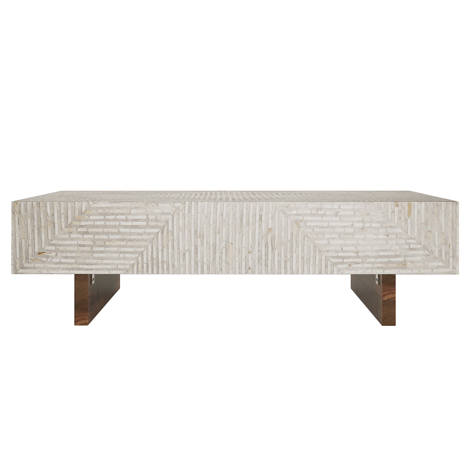 Audino Mother of Pearl Inlay Coffee Table in Ivory & Grey features a textured white herringbone top and dark wooden panel legs, showcasing luxury craftsmanship with a geometric design.