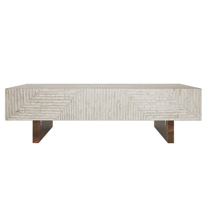 Audino Mother of Pearl Inlay Coffee Table in Ivory & Grey features a textured white herringbone top and dark wooden panel legs, showcasing luxury craftsmanship with a geometric design.