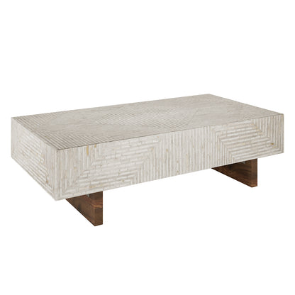 Audino Mother of Pearl Inlay Coffee Table in Ivory & Grey features a geometric herringbone-patterned tabletop with light tiles, supported by chunky dark-stained acacia wood legs, offering a luxurious and sturdy design.