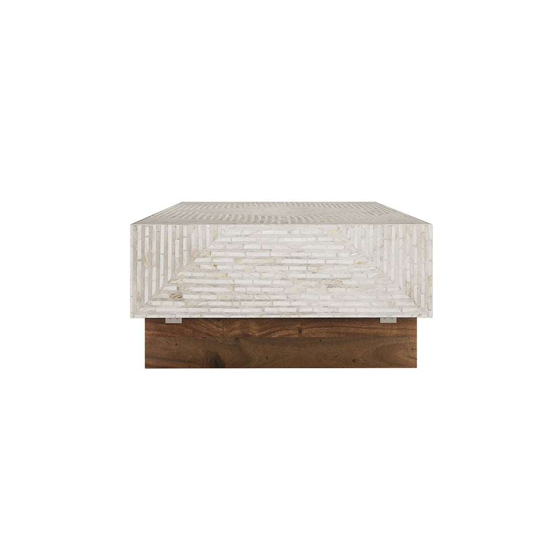 Audino Mother of Pearl Inlay Coffee Table, showcasing its elegant rectangular design with a wooden base, emphasizing the intricate craftsmanship of the mother of pearl inlay.