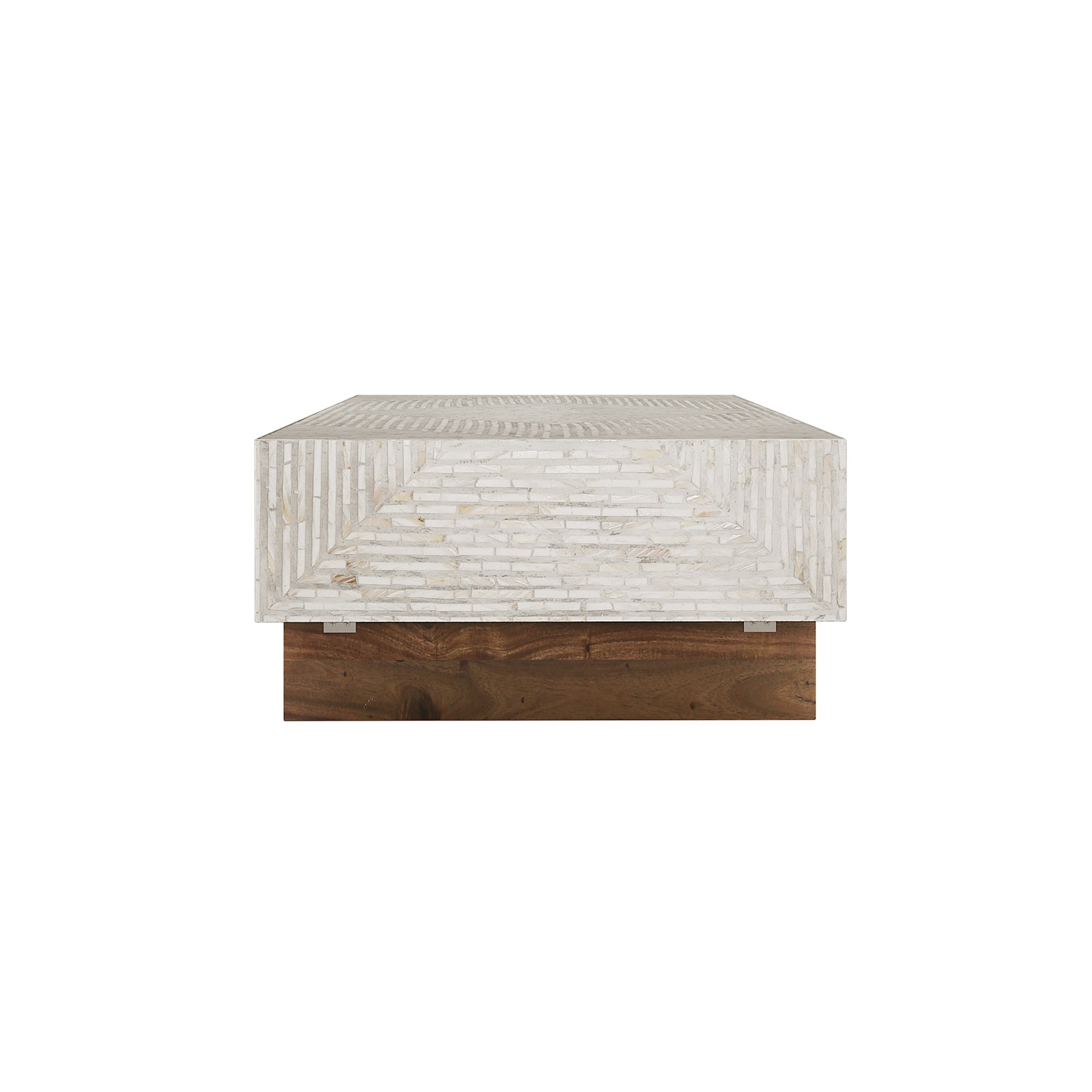 Audino Mother of Pearl Inlay Coffee Table, showcasing its elegant rectangular design with a wooden base, emphasizing the intricate craftsmanship of the mother of pearl inlay.