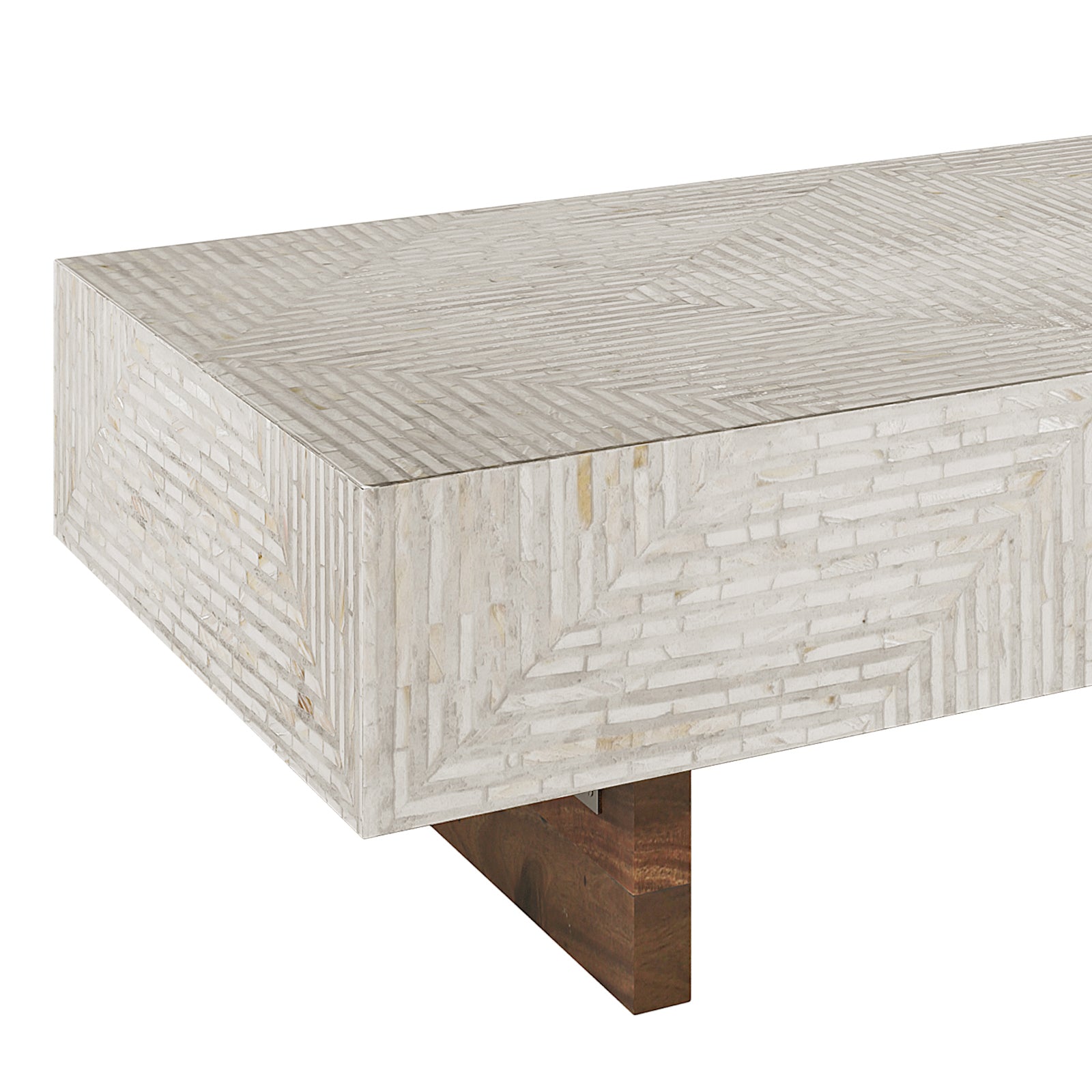 Audino Mother of Pearl Inlay Coffee Table features a white rectangular top with a wooden base, showcasing intricate craftsmanship and luxury, perfect as a sophisticated centrepiece in any living room.