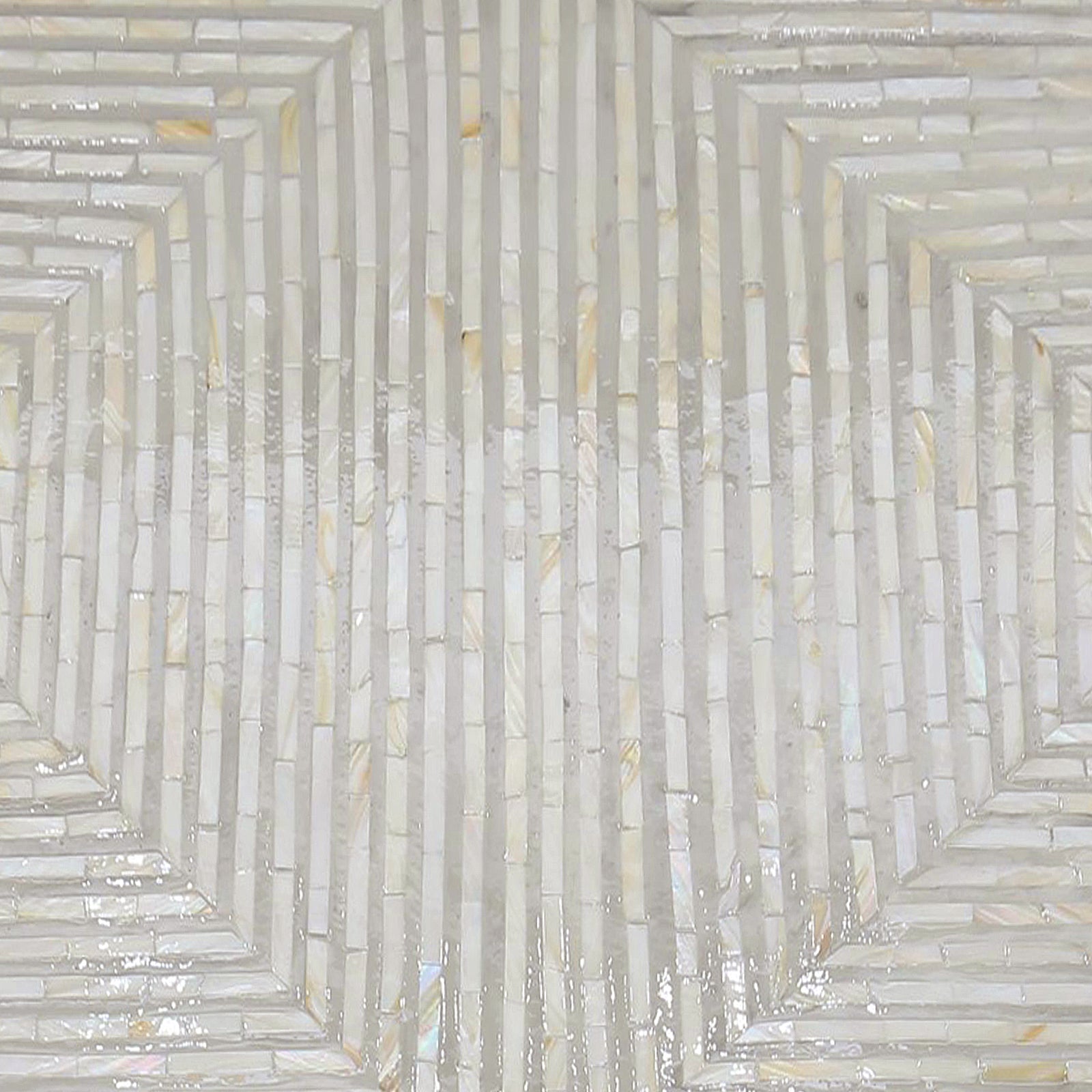 Audino Mother of Pearl Inlay Coffee Table in Ivory & Grey, showcasing a geometric mosaic pattern of glossy, narrow tiles with a pearly sheen, forming concentric hexagons, ideal for elegant interior décor.