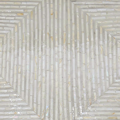 Audino Mother of Pearl Inlay Coffee Table in Ivory & Grey, showcasing a geometric mosaic pattern of glossy, narrow tiles with a pearly sheen, forming concentric hexagons, ideal for elegant interior décor.
