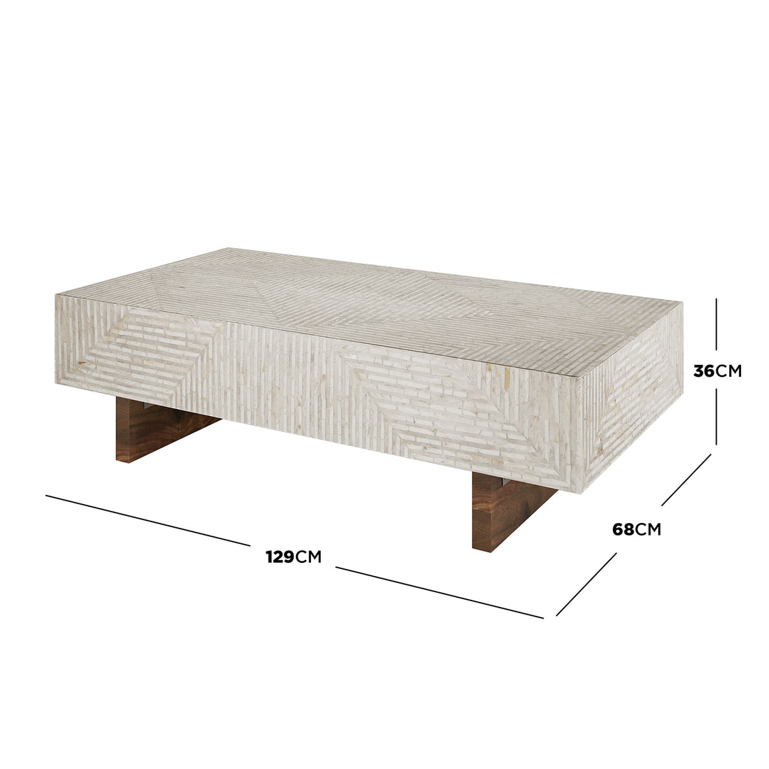 Audino Mother of Pearl Inlay Coffee Table in Ivory & Grey featuring a geometric mosaic top, chunky acacia wood legs, and dimension lines indicating a size of 129 cm wide, 68 cm deep, 36 cm tall.