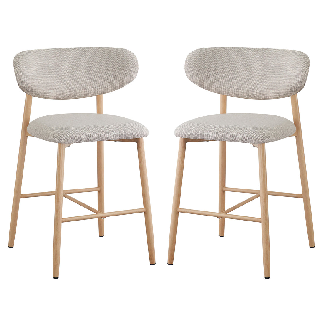 Audrey Curved Dining Chair & Bar Stool Bundle features light-wood legs and elegantly curved light-beige upholstered seats and backs, offering a luxurious and sophisticated design for premium interior spaces.