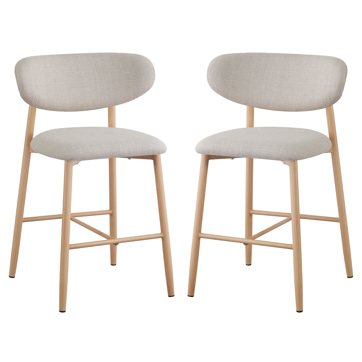 Audrey Curved Dining Chair & Bar Stool Bundle features light-wood legs and elegantly curved light-beige upholstered seats and backs, offering a luxurious and sophisticated design for premium interior spaces.