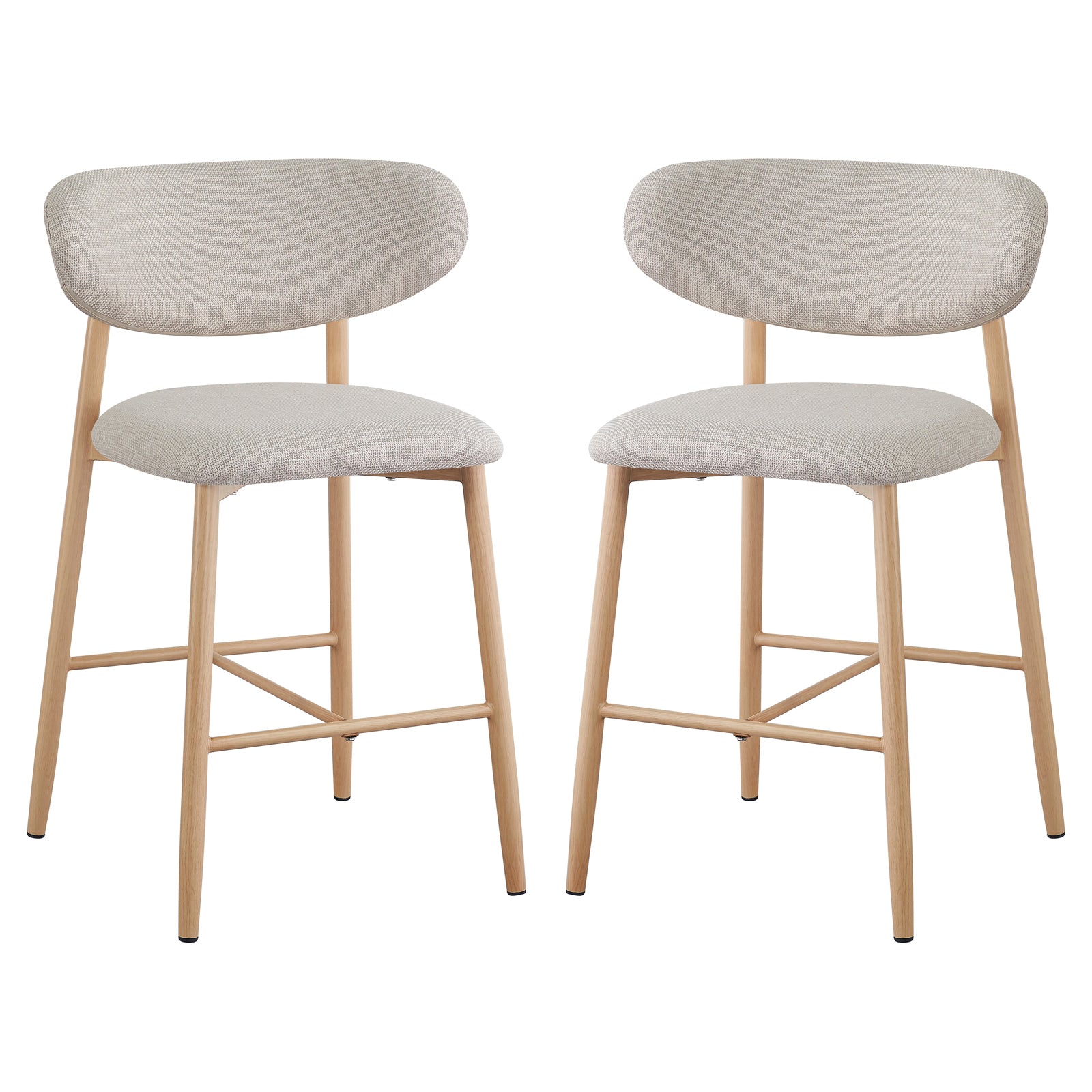 Audrey Curved Dining Chair & Bar Stool Bundle features light-wood legs and elegantly curved light-beige upholstered seats and backs, offering a luxurious and sophisticated design for premium interior spaces.