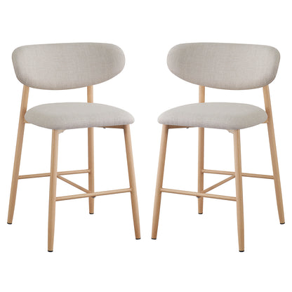 Audrey Curved Dining Chair & Bar Stool Bundle features light-wood legs and elegantly curved light-beige upholstered seats and backs, offering a luxurious and sophisticated design for premium interior spaces.