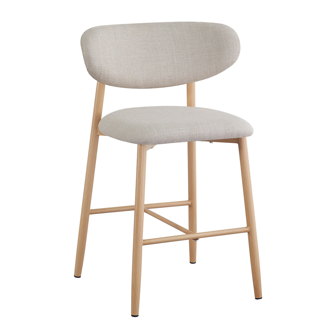 Audrey Curved Linen Barstool Set of 2 in Beige features a modern design with a lightly textured upholstered seat and curved backrest, supported by natural-finished wooden legs with cross-stretchers for stability.