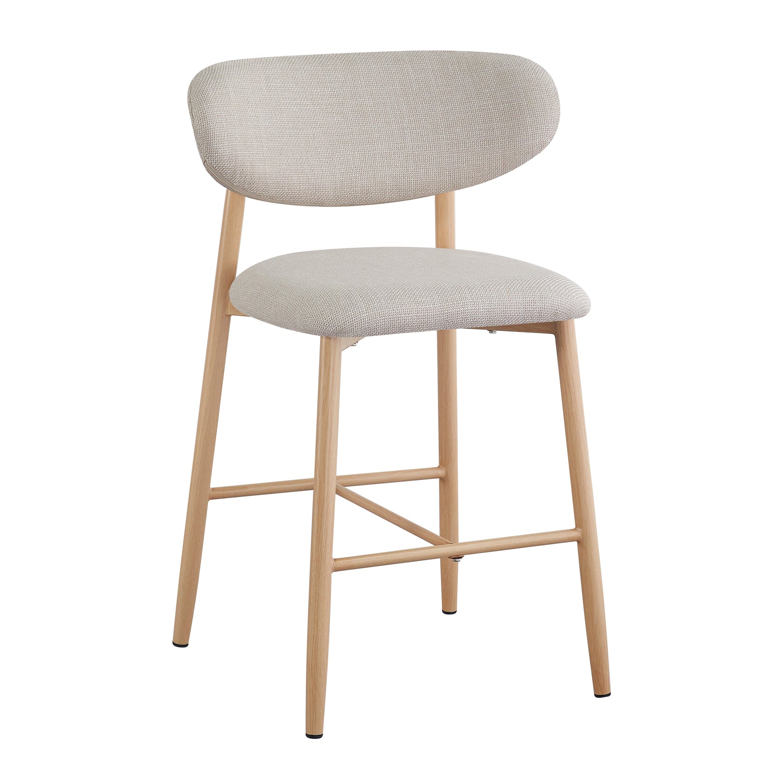 Audrey Curved Linen Barstool Set of 2 in Beige features a modern design with a lightly textured upholstered seat and curved backrest, supported by natural-finished wooden legs with cross-stretchers for stability.